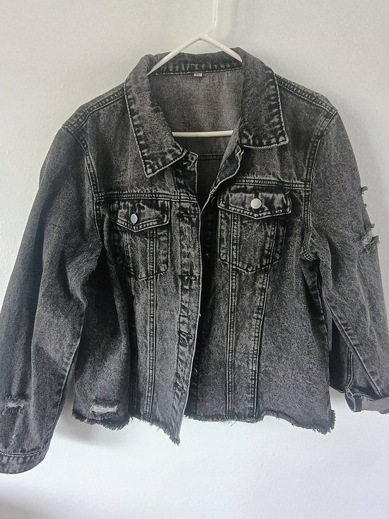 Jackets & Blazers - Womens Cropped Denim Jacket XL Black Distressed Raw Hem Grunge Streetwear Style
